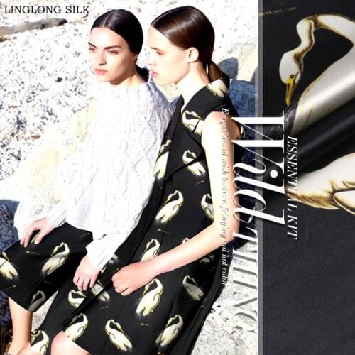 PRINTED SILK WOOL SATIN 140cm width 40mm/35% Silk+65% Wool Satin Fabric Black with Swan for Sewing Christmas Coat or Women Bag