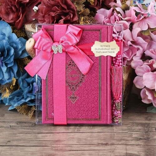 Fuchsia Bag Size Thermo Leather Quran, Pearl Rosary Set Set FREE SHİPPİNG