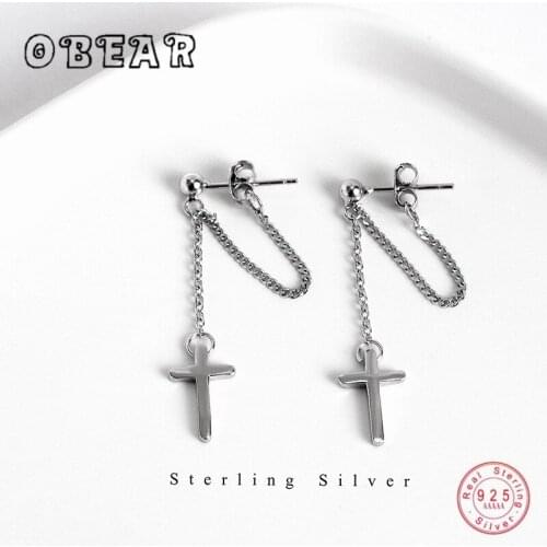 OBEAR Classic 100% 925 Sterling Silver Cross Drop Earrings Trendy Tassel Chain for Women Party Vintage Jewelry Gift