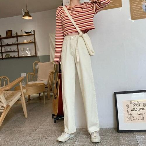 2021 New Womens Jeans Fashion Solid Color Streetwear High Waist Baggy Straight Pants Versatile Girl Student Y2k Denim Trouser