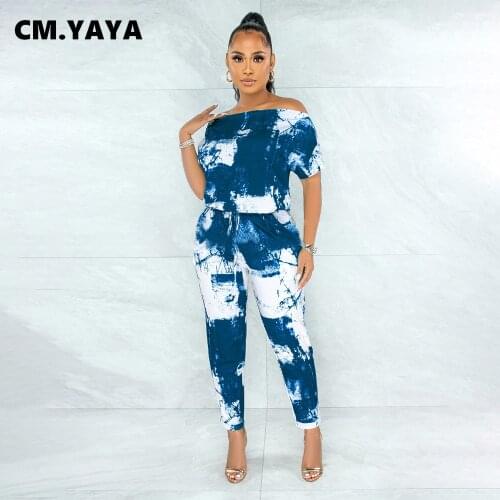 CM.YAYA Women Set Print Short Sleeve Slash Neck T-shirt Pencil Pants Two 2 Piece Sets Casual Tracksuit Sweatsuit Summer Outfits