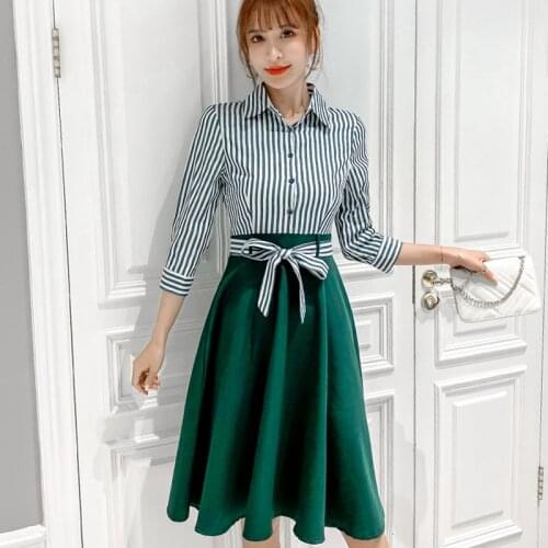 Women dress autumn winter long-sleeved striped shirt dress women elegant office ladies patchwork tunic midi dress female robe
