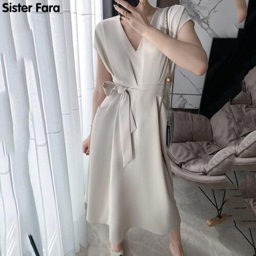 Sister Fara Summer 2021 Elegant Lace-Up Dress Women V-Neck Casual Mid-Calf Dresses Office Lady Short Sleeve Slim Waist Dress