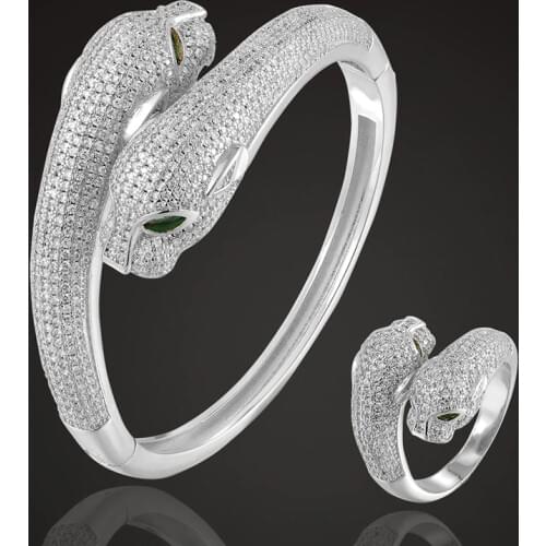 Zlxgirl New Shape Full Leopard Animal bangle with ring jewelry sets for women party couple gifts micro pave setting bracelet