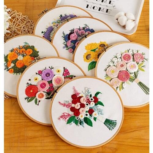 1 Pack Embroidery Flower Kit with Pattern+Instructions Needlework DIY Beginner Stitch Kit Include Embroidery Tools Hoop