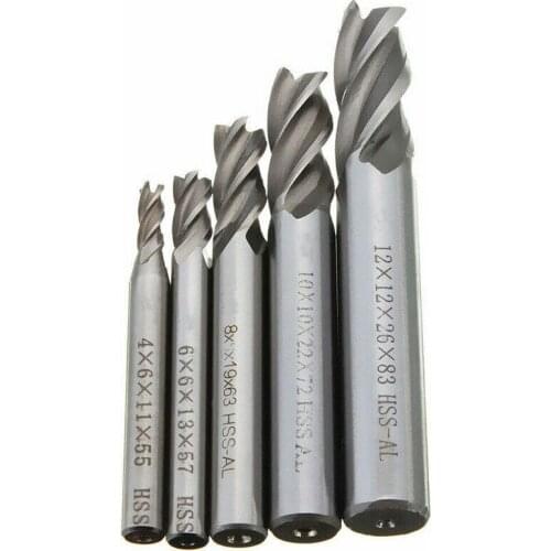 5pcs 4/6/8/10/12mm CNC End Mill Cutter Milling Machine HSSl Straight Shank Drill Bit 4 Flute for Cutting Hook Slots Tools
