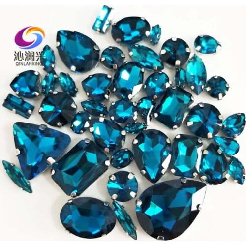 Factory sales Peacock blue mix size top glass crystal sew on stones,mix shape rhinestones use for diy/Clothing accessorie 68pcs