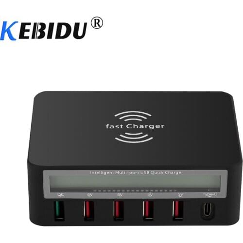 Kebidu LCD Digital Display Type C Fast Charger 6 Port USB Charging Dock QC 3.0 With 10W Wireless Charger For IPhone 5 6 7 8 X