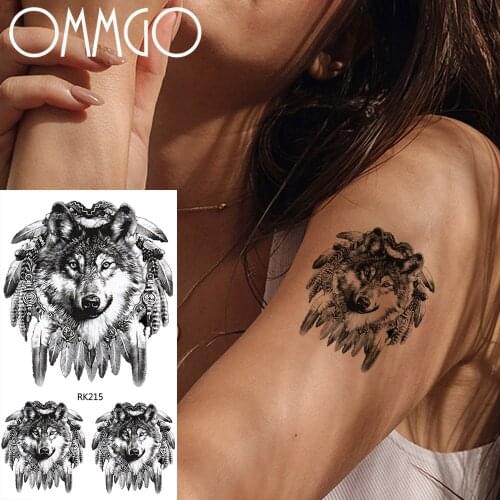 Dog Feather Chain Black Temporary Tattoos For Men Women Girl Lady Body Art Back Shoulder Realistic Tattoo Fake Tattoo Sticker