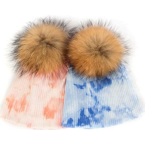 Children Ribbed Tie Dye Soft Warmer Hat with Real Fur Pompom Lovely Kids Slouchy Beanie Hats Cute Baby Unisex Skullies Cap