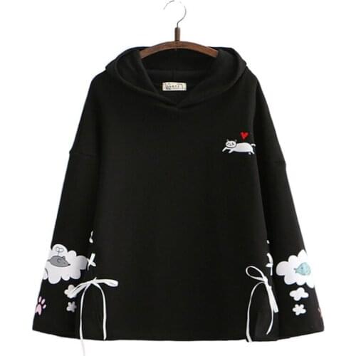 Fleece Plus Velvet Hooded Sweatshirts For Teen Girls Cartoon Cat Embroidery Cute Hoodies 2021 Winter Women Thick Loose Pullover