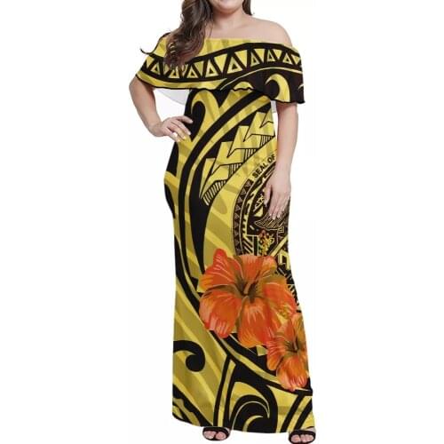 Hycool Fashion Summer Plus Size Off-Shoulder Dress Yellow Samoan Tribe Couple Suit High-End Lady Sundress Casual Match Men Shirt