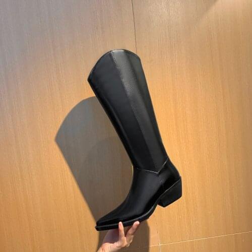 Osunlina Western Cowboy Boots Pointed Toe Square Heels Knee High Knight Boots Woman Black White Leather Slip On Shoes A047