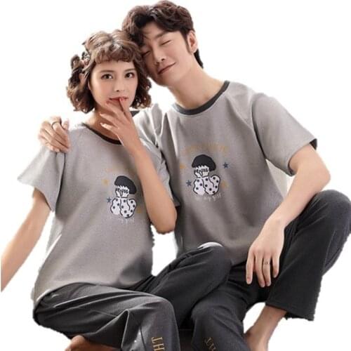 Summer Cotton Couple Pajamas Set Cartoon Short Sleeve Round Neck Plus Size M-3XL Pyjamas Short Tops+Long Pants 2Pcs Set Pijamas