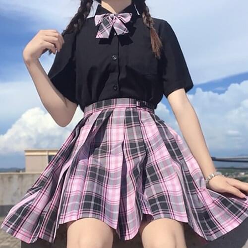 [Hot Girl] Girls Long/Short Sleeve High Waist Summer Pleated Skirts Plaid Skirts Women Dress For JK School Uniform Students