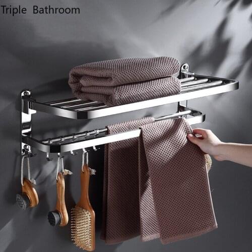 Stainless Steel Towels Bar Punch-free Multifunction Wall Bathroom Double Layer Bath Towel Holder Towel Rack Hanger Home Storage