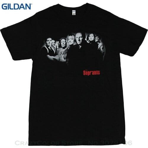 Normal Short Sleeve Cotton T Shirts The Sopranos Mens T-shirt - Black White Cast Over Small Red Logo Image