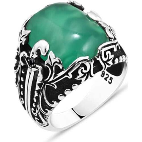 Green Agate Stone Silver Men 'S Ring