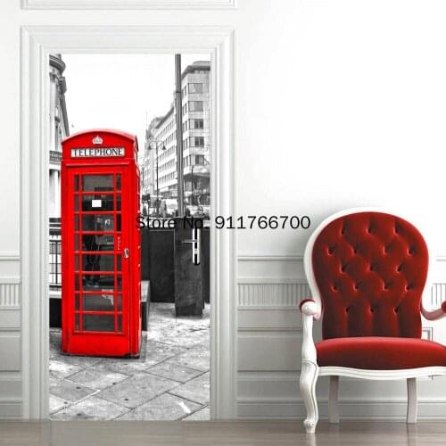 PVC London Street Adhesive Wallpaper Decals Gray Red World Door Stickers Waterproof Mural For Living Room Decoration Home Decor