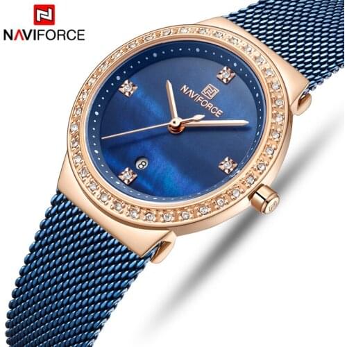NAVIFORCE Women Quartz Watches Female Fashion Luxury Rose Gold Blue Watch Ladies Simple Stainless Steel Mesh Belt Wrist Watches