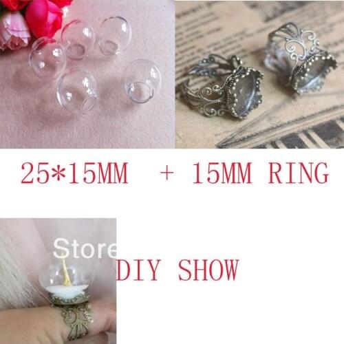 NEW!!Glass Cover Glass Bulb Vial &Antique Crown Finger Ring Set DIY Glass Vial Ring (25mm Ball 15mm bottle neck