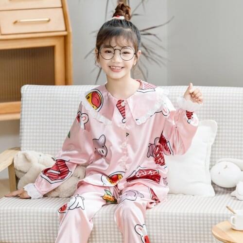 Autumn Children Pajamas Set Silk Homewear Casual Girls Summer Thin Pijama Cardigan Suit Satin Cartoon Printed Youth Girl Pyjama