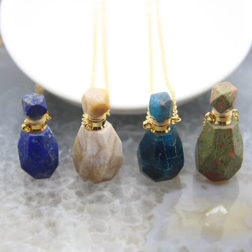 Natural Quartz Faceted Perfume Bottle Pendants Memorial Jewelry,Healing Gems Essential Oil Diffuser Vial Necklace,Women Gift