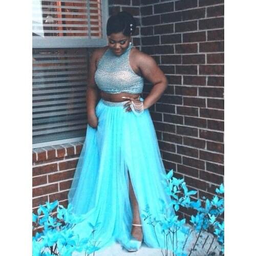 Stunning Two Pieces Plus Size Beaded Prom Dresses Halter Neck Split Side Evening Gowns A-Line Floor Length Tulle Formal Dress