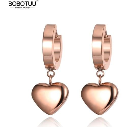 BOBOTUU Romantic Stainless Steel Love Heart Hoop Earrings Classic Rose Gold Wedding Earrings Jewelry For Women Kolczyki BE19098