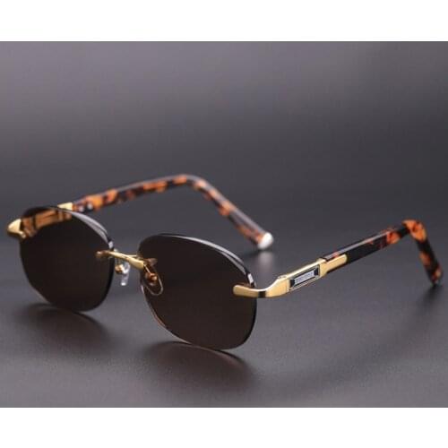 Luxury Rimless Oval Glass Sunglasses Man Woman Natural Crystal Stone Lens Acetate Glasses Frame Vintage Sun Glasses Top Quality