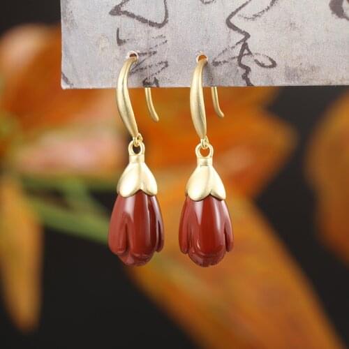 SA SILVERAGE Fashion Womens Earrings Aretes De Mujer Women Jewelry S925 Sterling Silver Gold Color Magnolia Red Agate Earrings