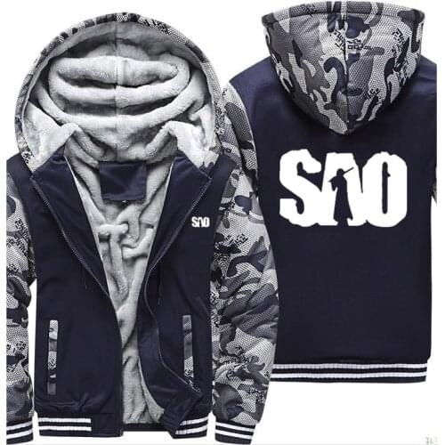 SAO Sword Art Online Camouflage Hoodies Mens Winter Warm Thicken Fleece Zipper Sweatshirt Coat plus size Jackets
