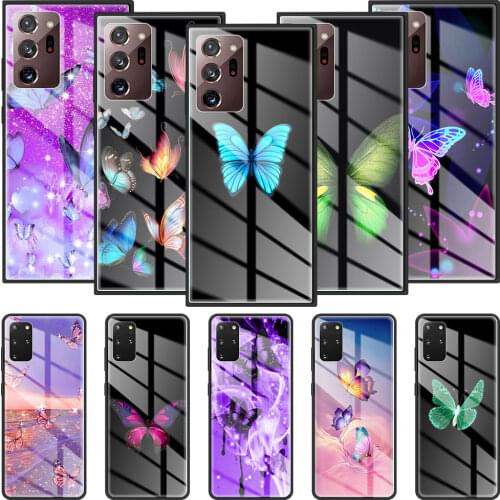 Glass Case for Samsung Galaxy S20 FE S21 S10 S9 S8 Note 20 Ultra 10 Plus 9 Tempered Phone Cover Butterfly Pattern Coque