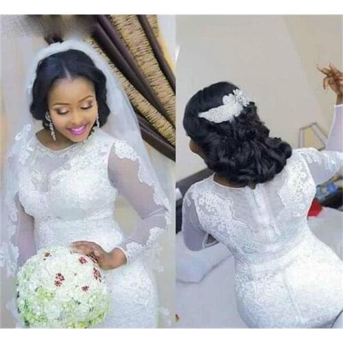 South African Lace Appliques White Mermaid Wedding Dress Sheer Long Sleeves Sweep Train Garden Bride Bridal Gown
