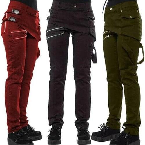 Women Tactical Outdoor Pants Zipper Pockets Rivet Trousers Rock Style Pants