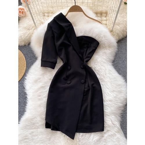 Summer Sexy Irregular One Shoulder Double Breasted Black Mini Dress For Women Short Sleeve High Waist Slim Vestidos Female 2021