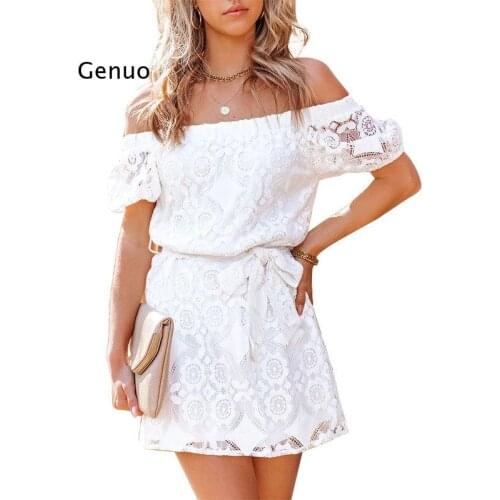 Fashion Women Elegant Vintage Sweet Lace White Dress Stylish Sexy Slash Neck Casual Slim Beach Summer Sundress Female Vestidos