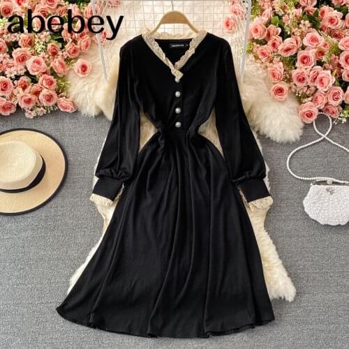 2021 New Spring Autumn French V-Neck long sleeve Dress lace patchwork single breasted high waist pleated mid-long A-line Dress