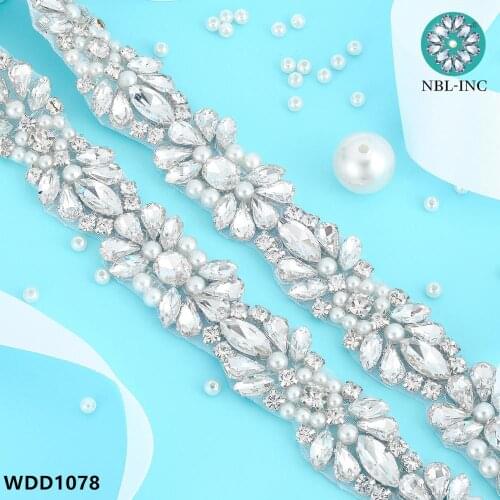 10 yards) Wholesale bridal crystal rhinestone pearl applique trim hand beaded iron on sew on for wedding dress WDD1078