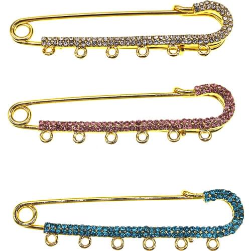 20pcs 8cm Gold Plating Alloy Rhinestone Brooches Crystal Hijab Scarf Pins With 6 Loops For DIY