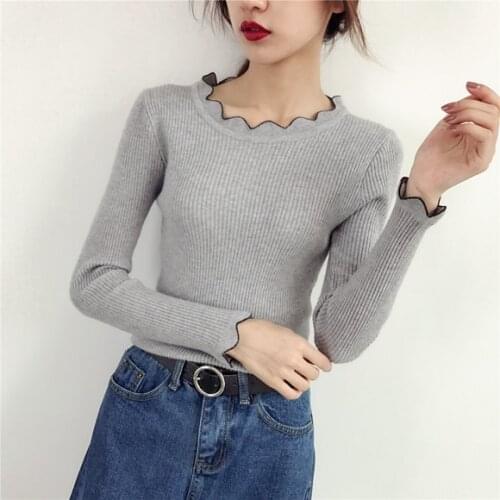 2020 Women Pullovers Slim Thread Bottoming Sweater Lace Low O-Neck Solid Color Sleeve Long Sleeve Sweater Female Fashion Top