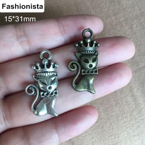 Metal Cat Charms Antique Silver/Bronze Tone Simply Adorable Crown Cat Charm Pendant 15*31mm Cat Jewelry Supplies - Free Shipping