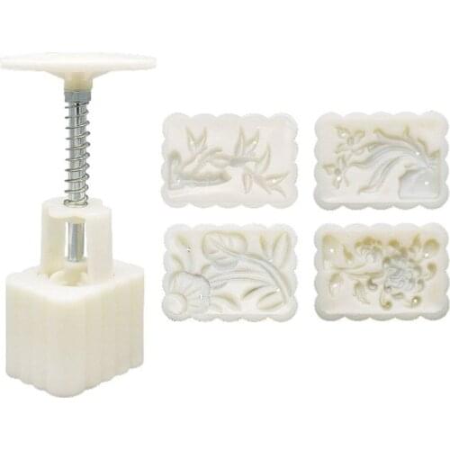 Bean Mooncake Mold with 4pcs Square Flowers Stamps Hand Press Moon Cake Pastry Mould DIY Bakeware