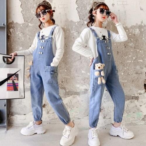 Kids Clothes 2021 Two Piece Set Spring And Autumn Long Sleeve Pullover + Denim Overalls Girls Clothing Cartoon Bear Strap Pants