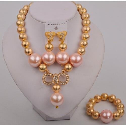 Baby Pink Pearl Jewelry Set Women Dubai Gold Color African Jewelry Set Pearl Necklace Earrings Sets Bridal Wedding Jewelry Sets