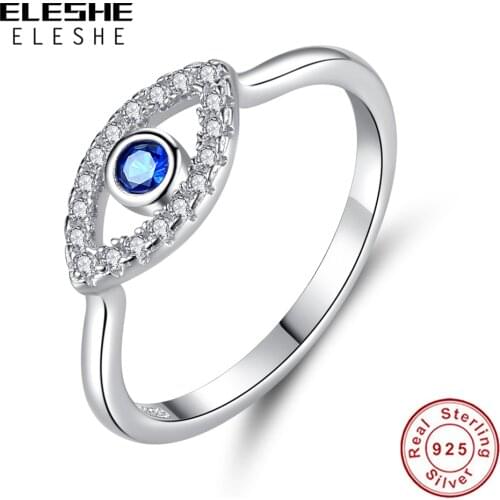 ELESHE Genuine 925 Sterling Silver Lucky Eye Ring Blue CZ Wedding Rings For Women Turkey Jewelry Christmas Party Gift 2020