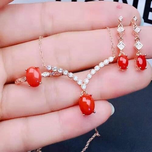Natural Boutique Red Coral Gemstone 925 Pure Silver Earrings Ring Pendant Set Fashion Wedding Jewelry for Women 【FS Jewelry