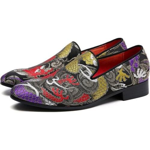 Mens Pointy Toe Slip on 37-48 Moccasin-gommino Embroidered Floral Loafers Shoes Dragon