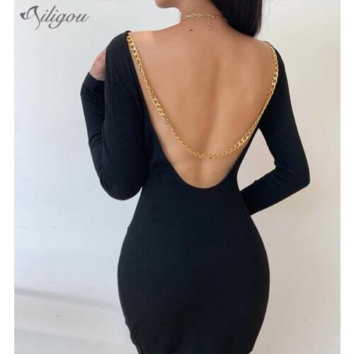 Ailigou New Elegant Female Black Backless Mid-Length Bandage Dress 2021 Sexy Long-Sleeved Chain Fashion Club Party Dress