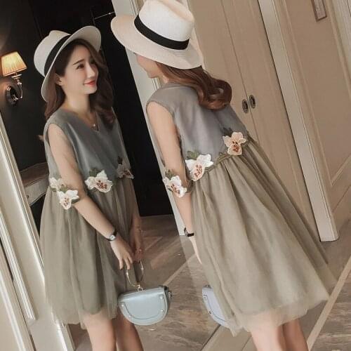 Maternity Clothes summer floral embroidered gauze breastfeeding dress v-neck sleeveless lactation high waist dress cute